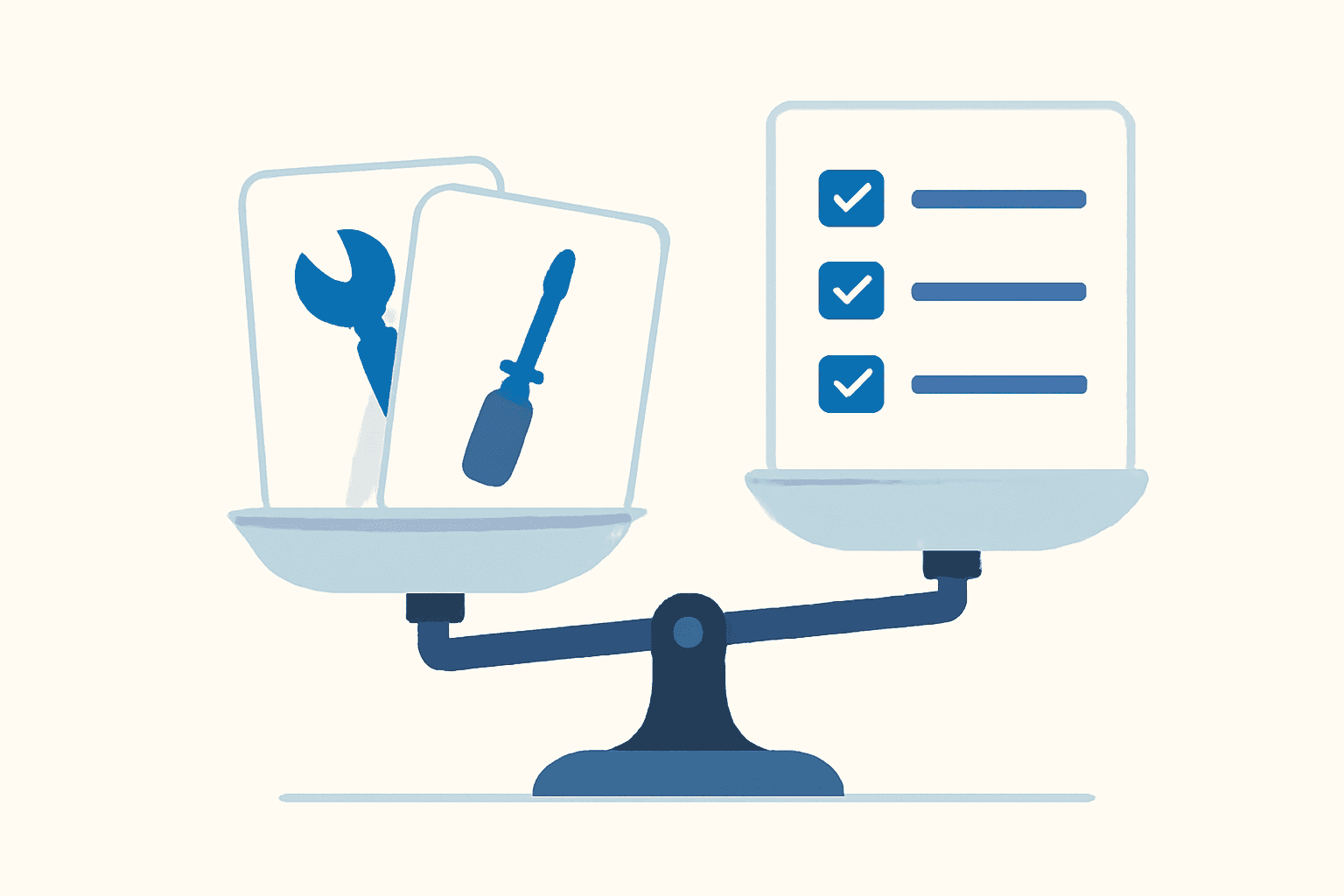 Flat illustration of study tool cards weighed on a balance against a checklist of criteria, blue tones