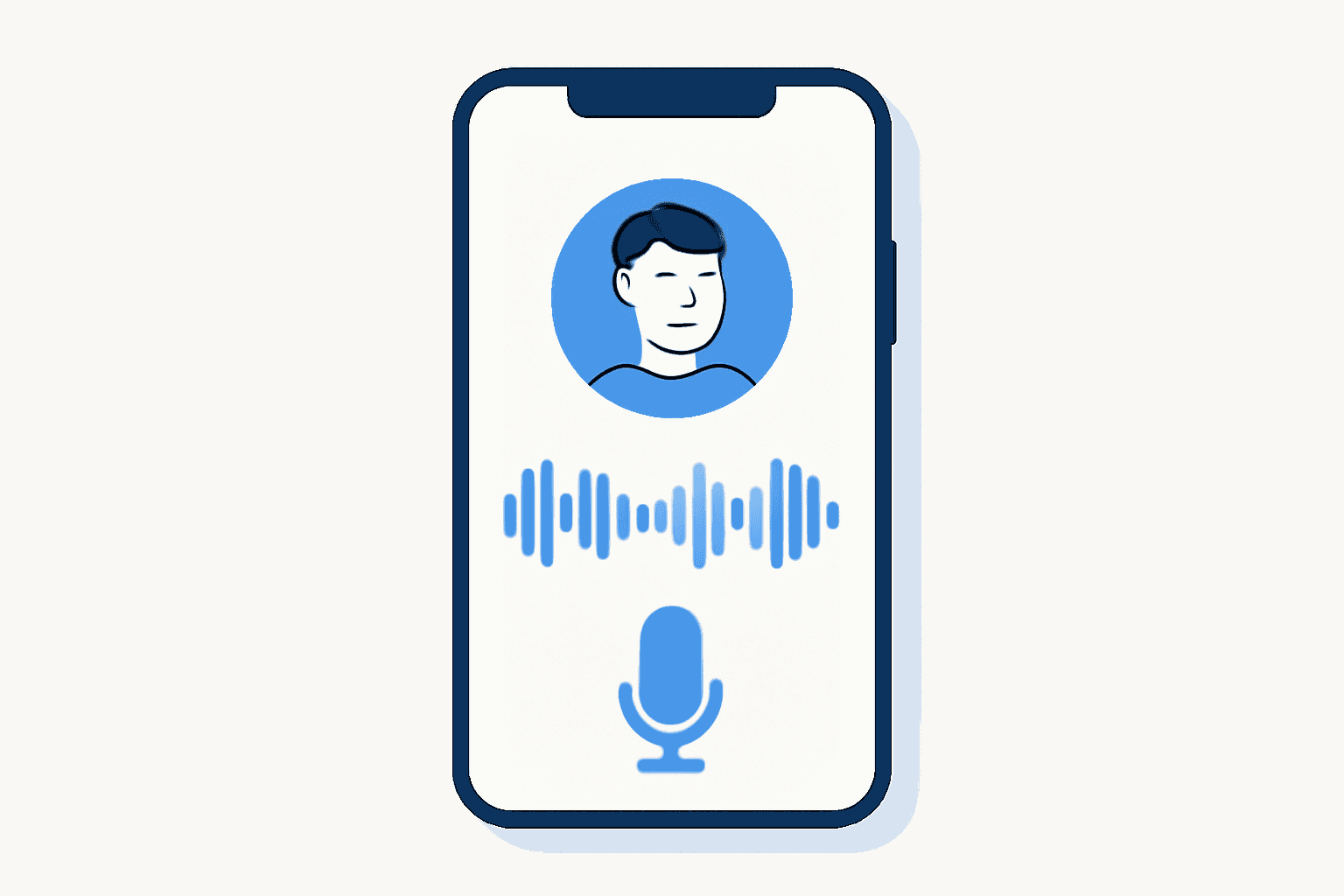 Flat illustration of a voice AI patient conversation on a phone, a waveform and avatar in blue tones