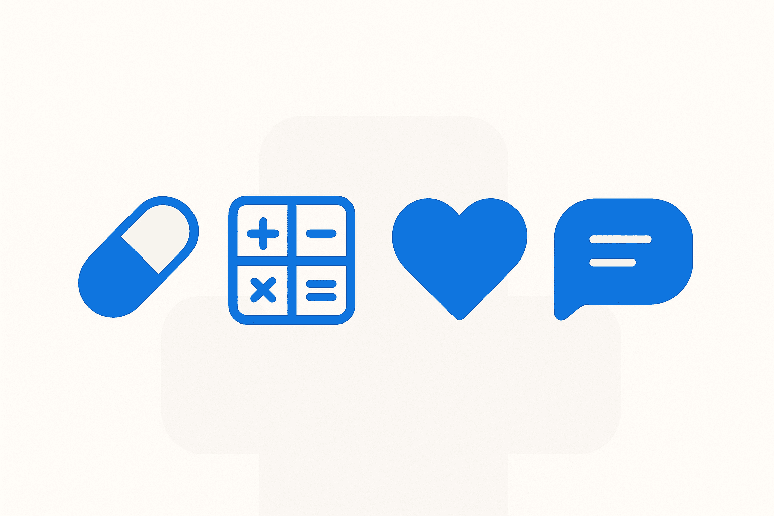Illustration of simple app icons: a formulary, a calculator, a heart, and a chat bubble