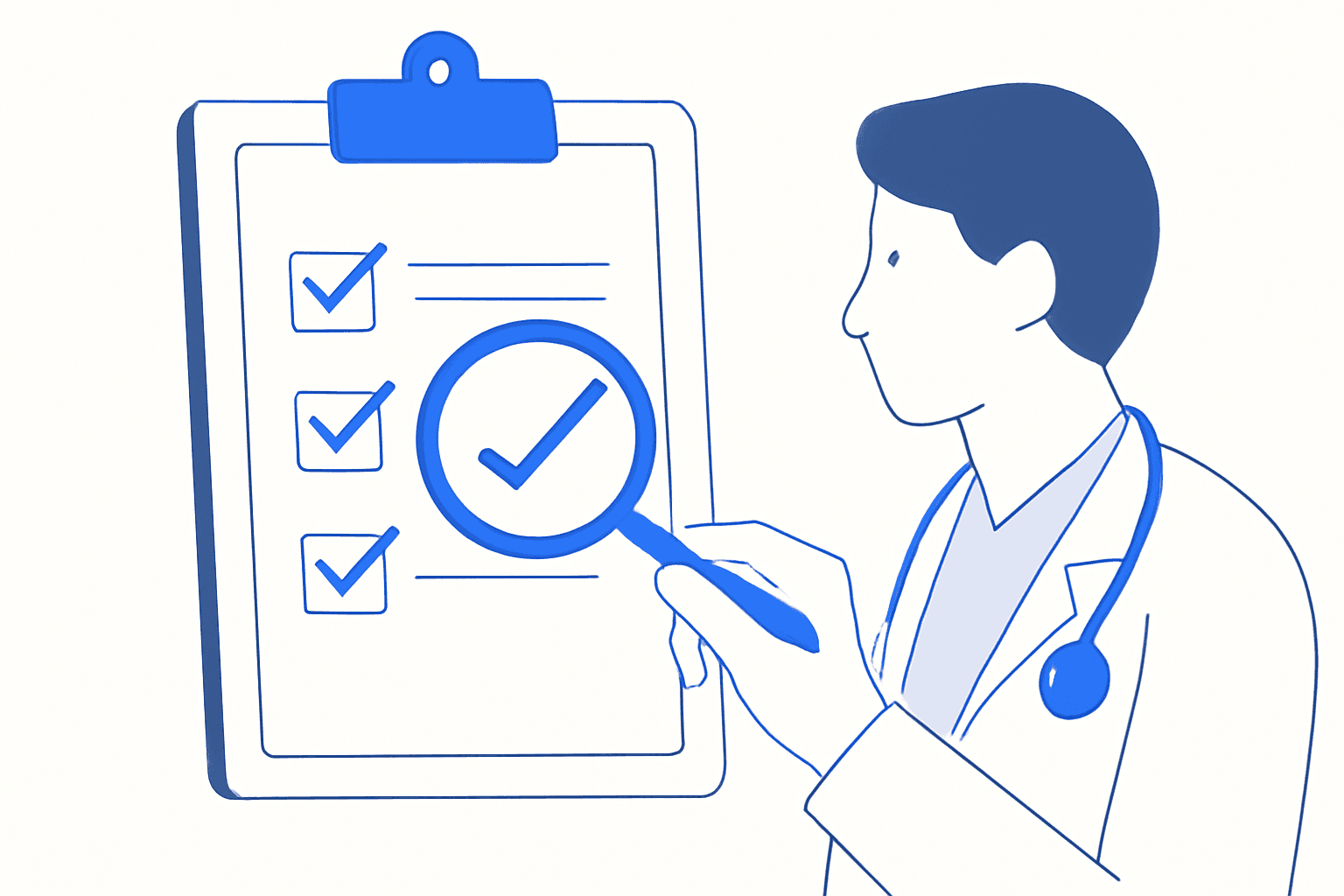 Flat illustration of a clipboard with tick marks and a magnifier, an examiner marking a station
