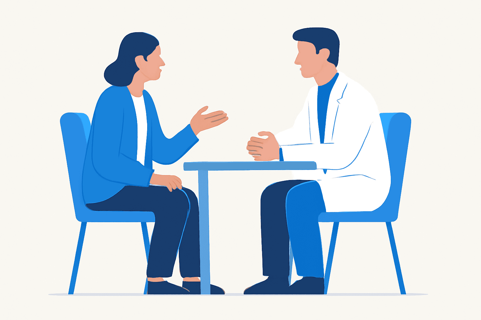 Flat illustration of a gentle non-judgemental conversation between a clinician and a patient, blue tones