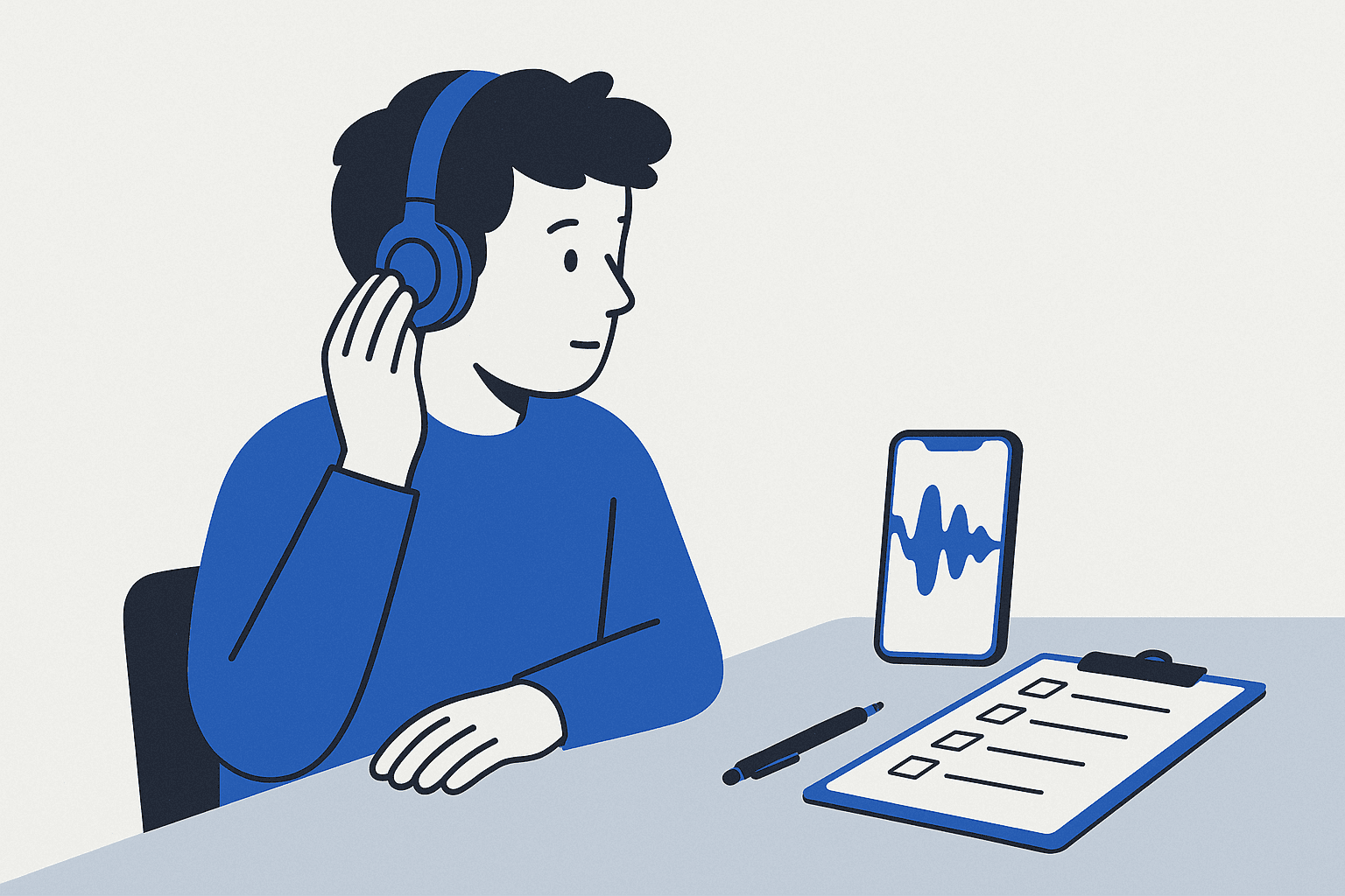 Student with headphones reviewing a recording, clipboard of tick boxes at their side