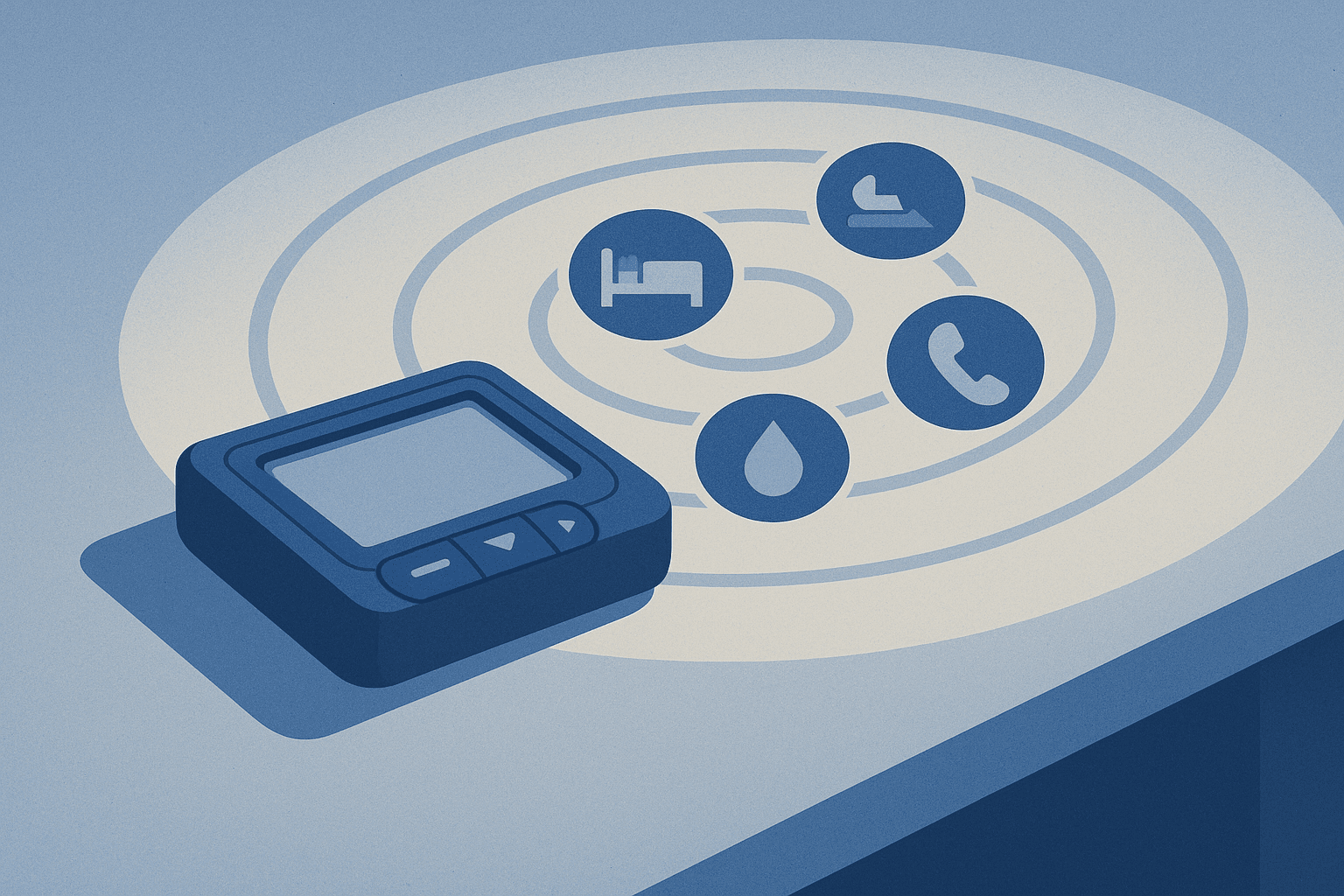 Night pager radiating ripples carrying small ward job icons