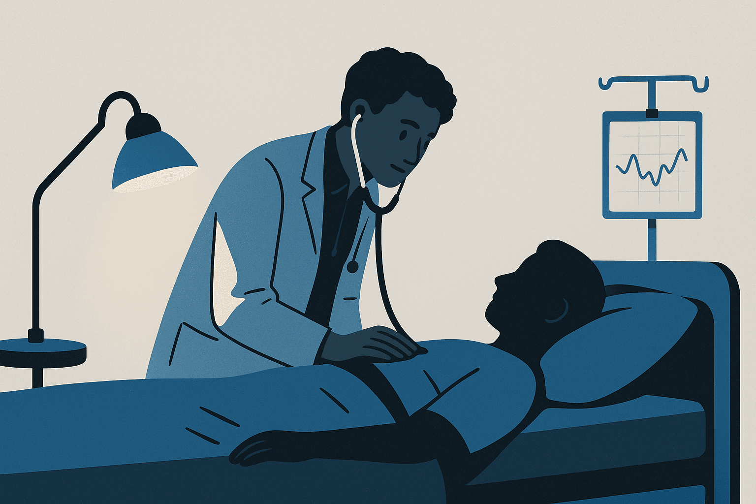 Doctor reviewing a patient at a lamplit hospital bedside at night