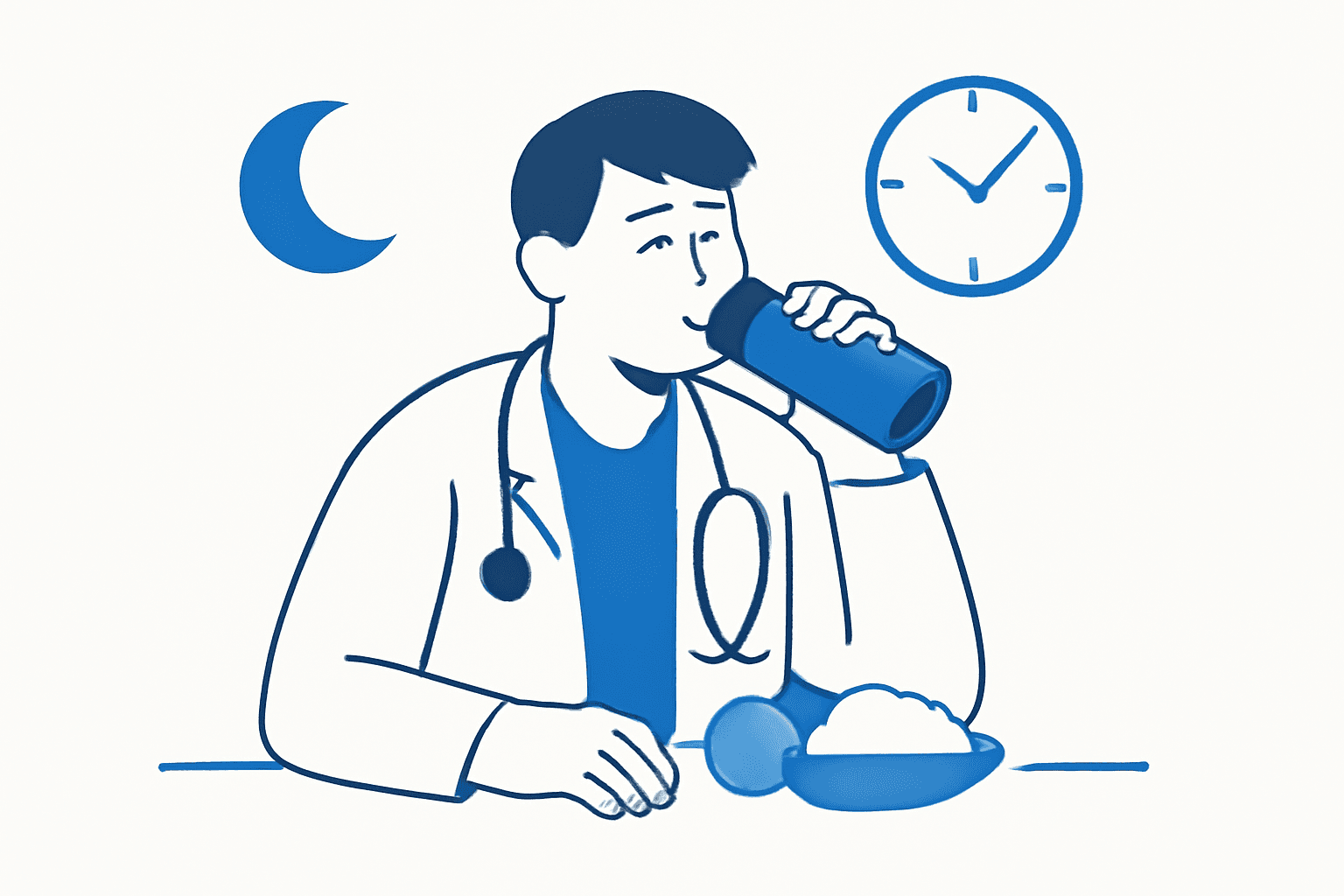 Flat illustration of a tired doctor resting with water and food between shifts, clinical blue tones