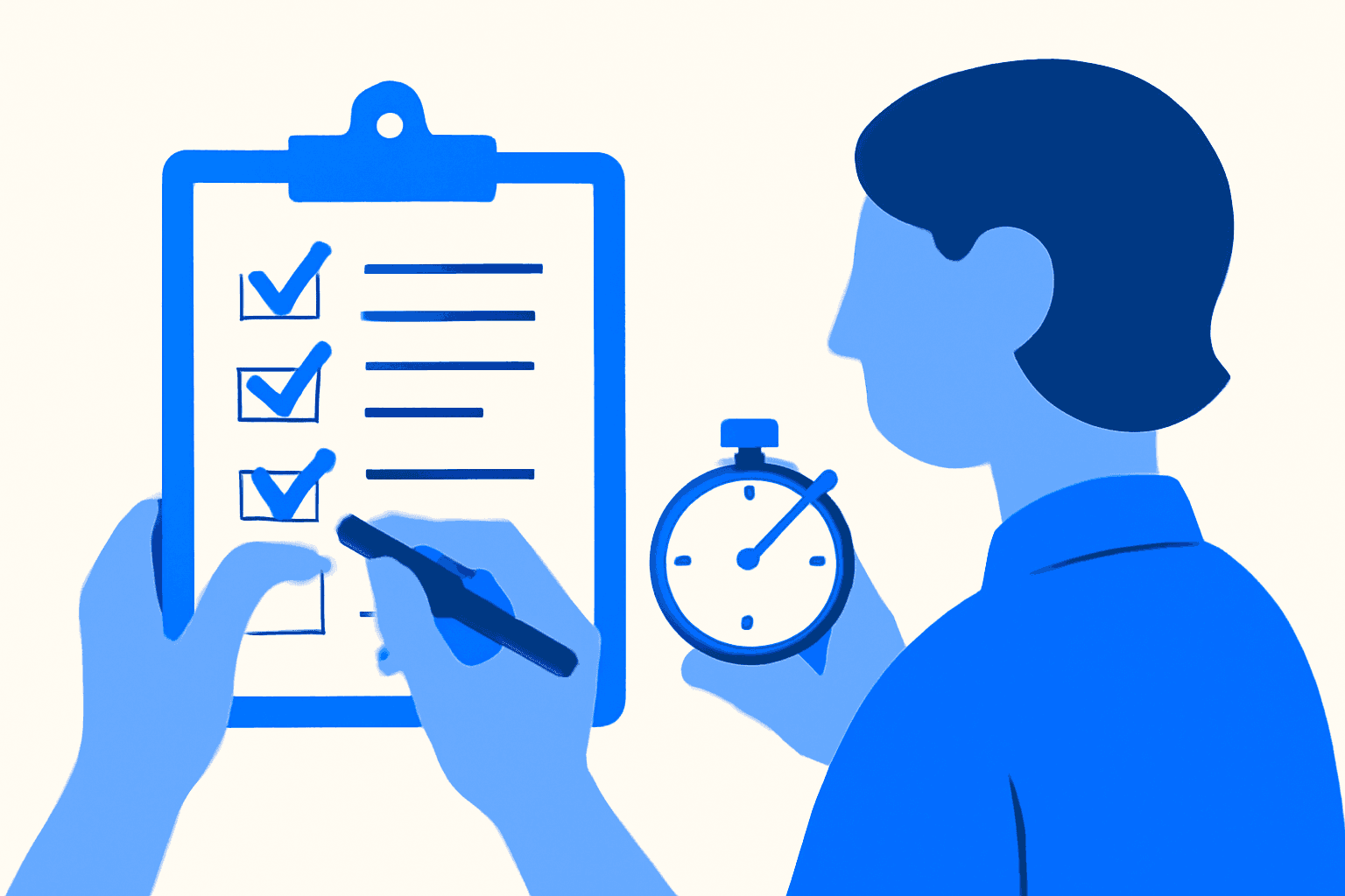 Flat illustration of a clipboard with tick marks and a stopwatch, an examiner marking a timed station