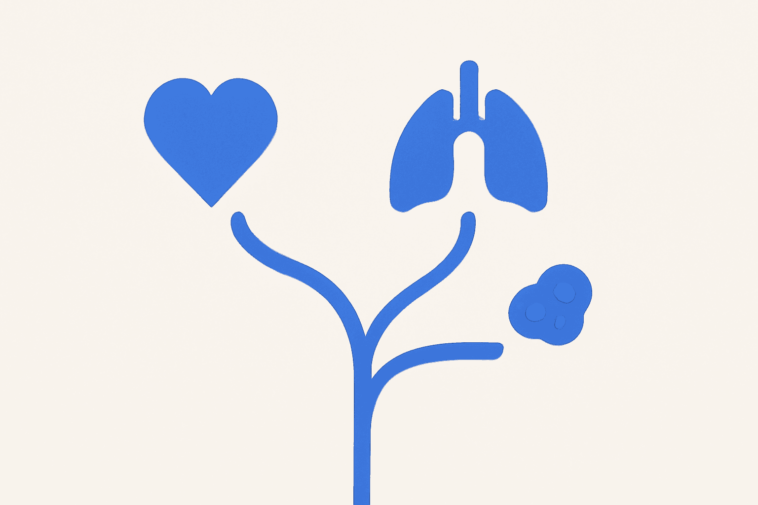 Flat illustration of one branch splitting into three for cardiac, respiratory and clot causes of breathlessness