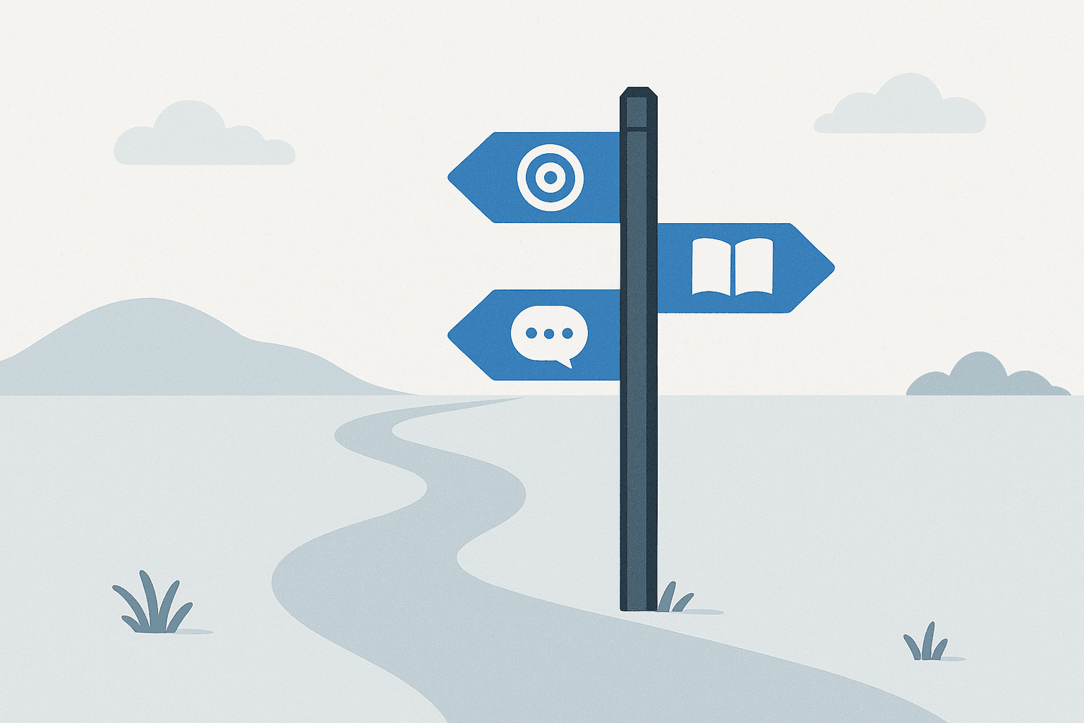 Student at a crossroads of three paths under a calm sky, choosing a study route