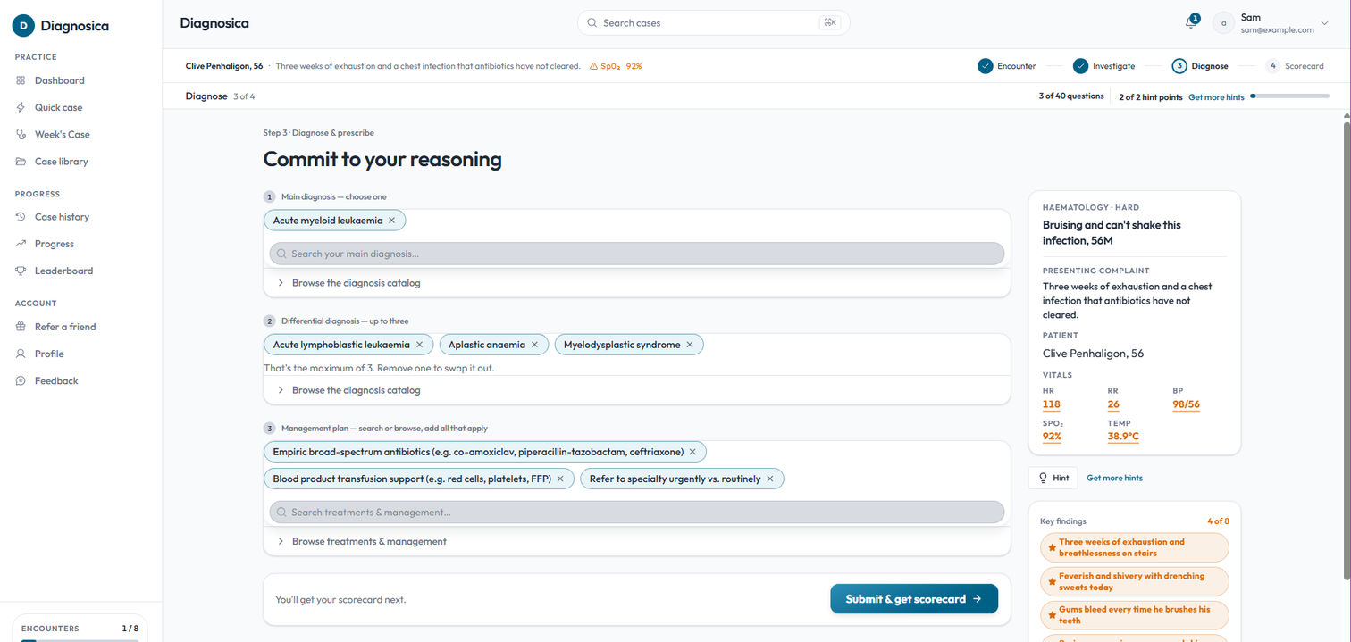 The diagnose screen: a chosen main diagnosis, differentials, and a searchable management plan.