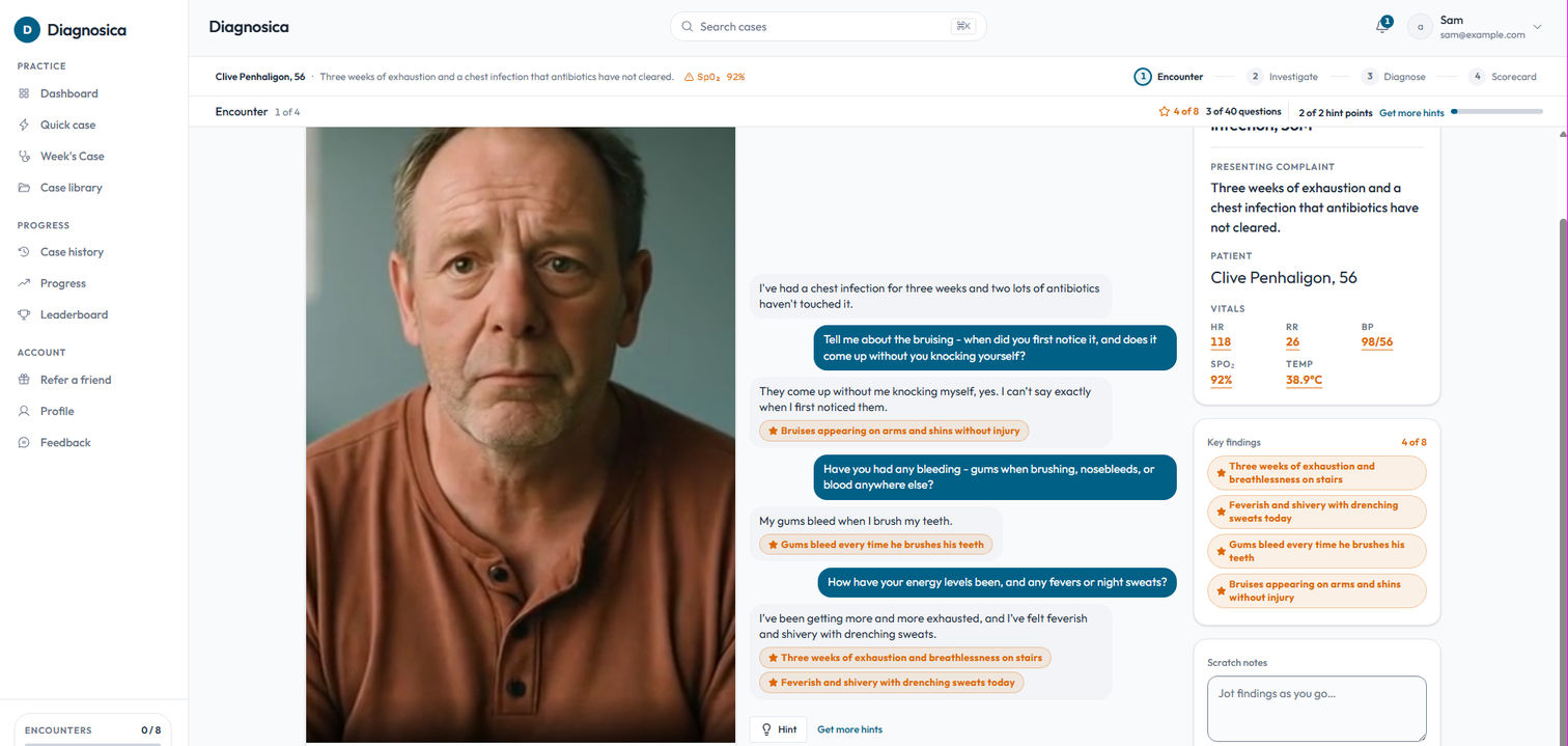 Taking a history from the AI patient, with vitals and the case summary alongside